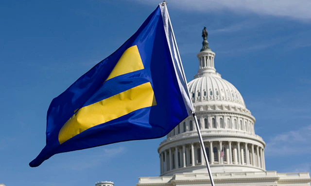 United States Capitol in the background with the HRC equality flag.